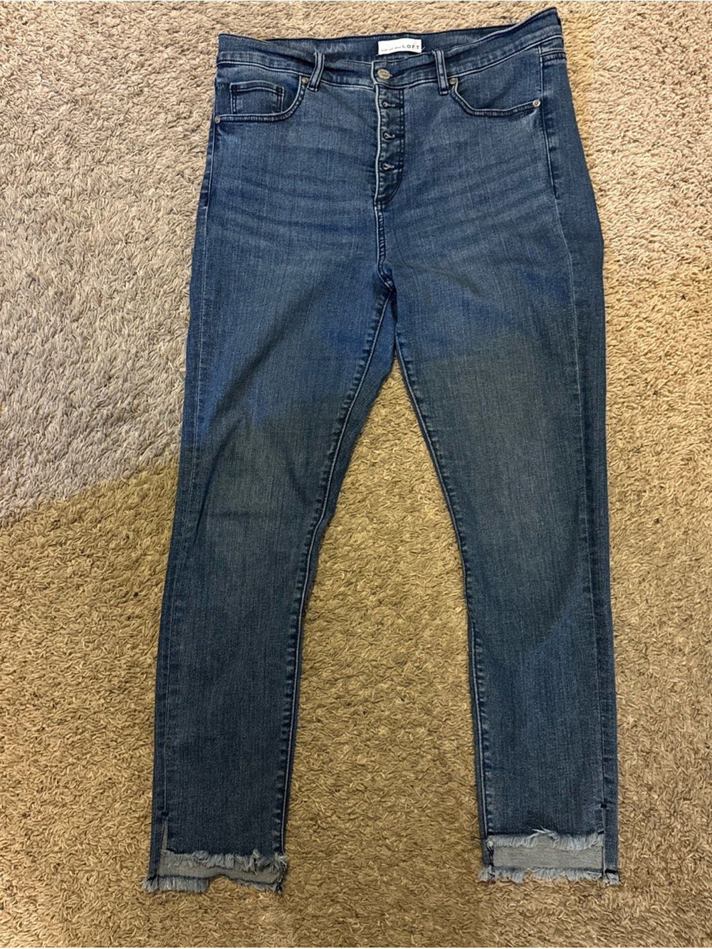 Loft Ann Taylor Frayed Hem Button Fly High Waist Skinny Jeans Medium Wash Sz 10